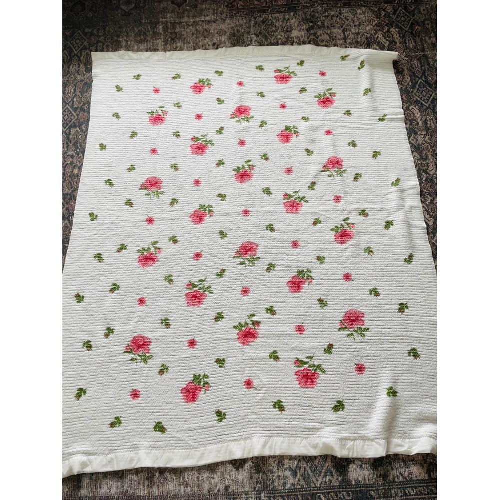 Vtg Chatham Thermal Blanket White Pink Rose Floral Satin Trim Cottagecore 80x62